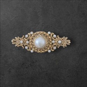 Vintage Victorian Style Gold Tone Filigree with Seed Pearls Bar Brooch Pin